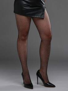 Medias de malla con diseño de diamante de imitación