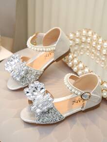 1 Pair Children's Sandals, Available In Small/Medium/Large, Rhinestone, Pearl, Bow Decor, PU Patchwork Round Toe, Flat, Suitable For Daily Wear, Dance, Outdoor, Festivals, Parties, Glitter Decorated Princess Sandals, Suitable For Spring/Summer/Autumn - Silver - View 6