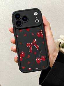 1 pieza Funda de teléfono con diseño de cerezas rojas, corazones y lazos en estilo romántico y vintage ideal para San Valentín TPU soft case, protección completa antideslizante y anti-caída, compatible con iPhone17 ProMax/16/15/14/13/12/11/Plus/Pro/ProMax, compatible con Galaxy A34/A35/A54/A55, Galaxy S20/S21/S22/S23/S24/S25 Ultra/Plus, compatible con Galaxy/Redmi/Honor/OPPO/ViVo - Negro - Ver 6