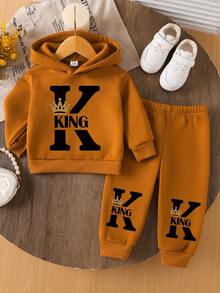 Toddler Boys' Fashionable Letter K Crown Print Hoodie And Pants Set, Autumn/Winter - Rust Brown - View 1