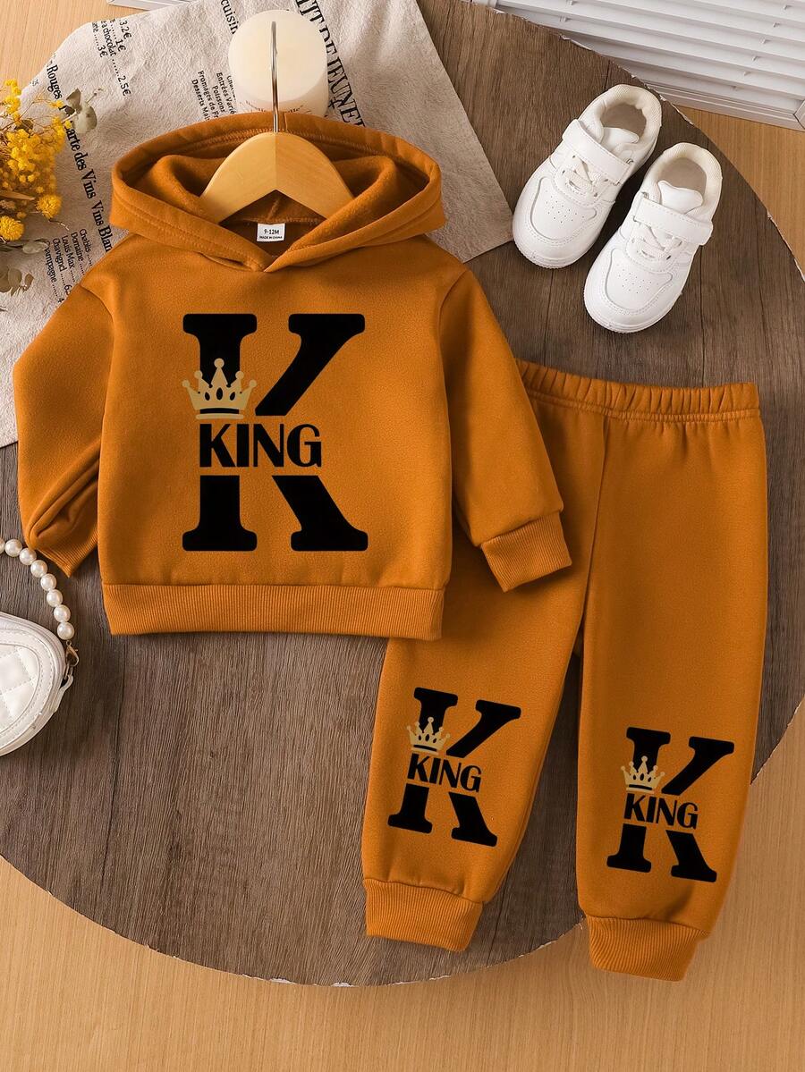 Toddler Boys' Fashionable Letter K Crown Print Hoodie And Pants Set, Autumn/Winter - Rust Brown - View 1