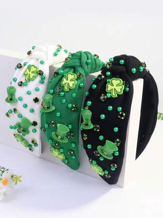 1pc Women's St. Patrick's Day Shamrock Hat, Green Pearl & Rhinestone Vintage Cute Polyester Wide Brim Knotted Headband ,Hair Band ,Diadema ,Hair Hoop