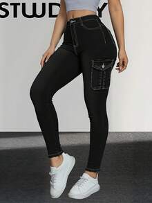 Large Women's Jeans  Plain  Plain    Button  Pocket  Zipper    Daily    Autumn And Winter  Versatile  Black Workwear Style Jeans  Engage Your Core And Lift Your Hips  Multi Pocket Slim Fit Pants That Look Slim And Small - màu đen - Xem 3