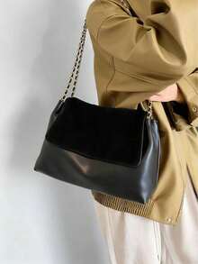 Túi đeo vai nữ bằng da PU, dây xích kim loại, màu trơn phong cách cổ điển - màu đen - Xem 2