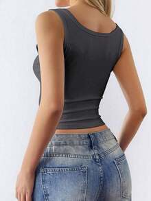 Top casual de tirantes con cuello cuadrado y botones, estilo Y2K sexy para mujer, primavera/verano - Gris Oscuro - Ver 2