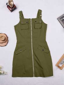 Y2K Flap Pocket Zip Up Front Buttons Detail Adjustable Strap Cami Cargo Dress Elegant Summer - 軍綠色 - 查看 7
