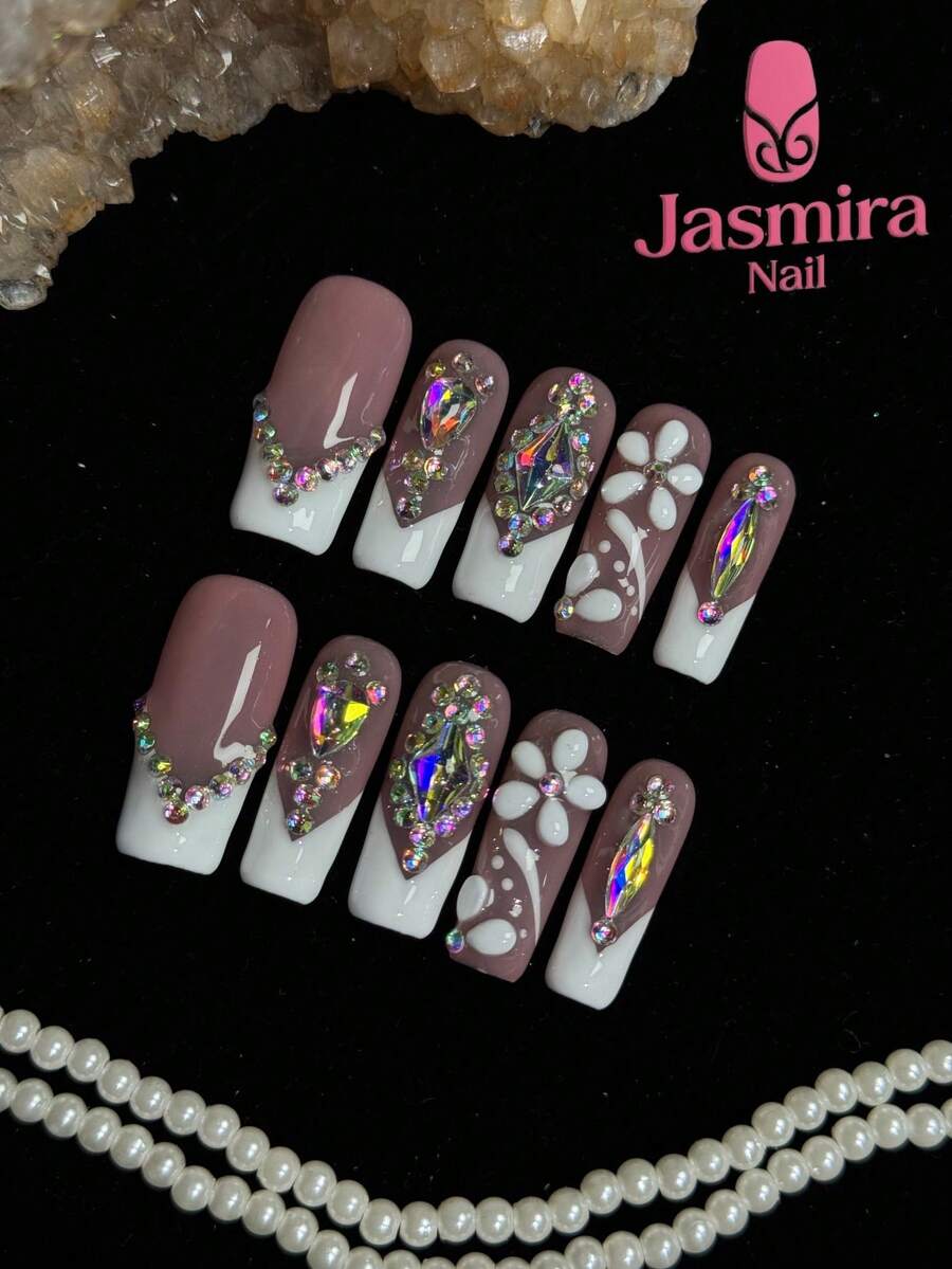 10 Pcs Set Of Purely Handmade Press-On Nail Tips, Mid-Length Charming Nails, Y2K Press-On Square Nails, Pink Nails, White Nails, Classic French Style, Handcrafted Floral Carvings, Nail Gem Embellishments, Suitable For Women And Girls For Diy Cute Nails At Home, Parties, Birthdays, And Various Festive Occasions. - Nhiều màu - Xem 1