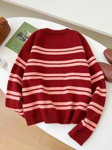 1 pieza Suéter holgado de punto de cuello redondo casual con rayas y contraste de color para mujer, jersey amplio, versátil y minimalista de manga larga - Multicolor - Ver 3