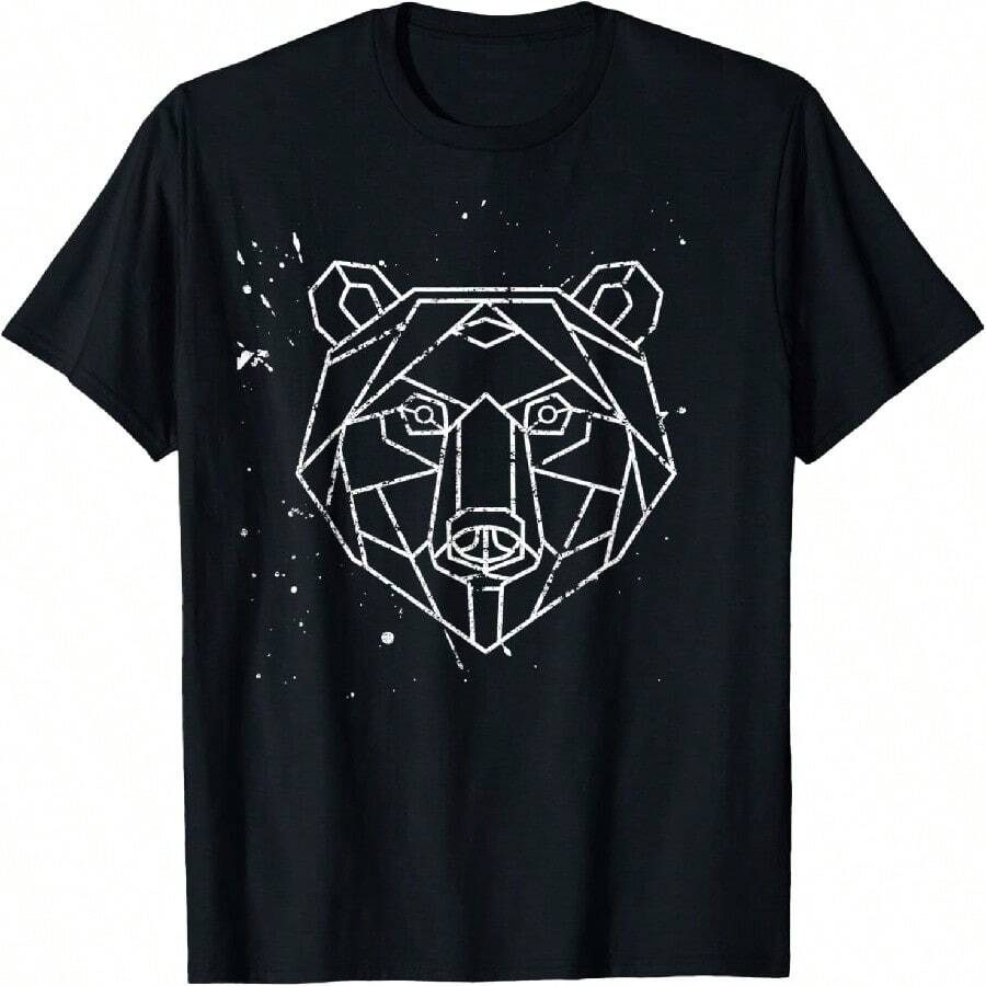 Bear Distressed Vintage Geometric Animals Shape T-Shirt.Jpg - 黑色 - 查看 1
