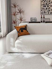 1pc Romantic Wedding Season Beige Teddy Plush Sofa Cover, Stretchy Multifunctional Full Wrap Sofa Slipcover With Geometric Pattern Design, Warm Fuzzy Fabric For Winter, Sofa Protector Holiday Decor, Includes 1 Pillow Case - Beige - View 6