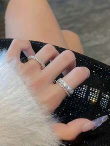 2 piezas Anillos de doble capa de cobre y circonita de estilo lujoso Y2K, anillos delicados y ajustables para mujeres, accesorios minimalistas diarios de Ins - Plateado - Ver 3