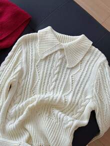 1 pieza Suéter de manga larga de punto retorcido de unicolor con cuello, diseño de cintura ajustada, parte superior versátil de invierno para mujeres - Albaricoque - Ver 7