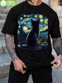 Starry Night Cat T-Shirt Unisex Men's Women's Blouse 100% Cotton Premium Top Streetwear New Release Immediate Shipping Various Colors!! Plus Size - 黑色 - 查看 1