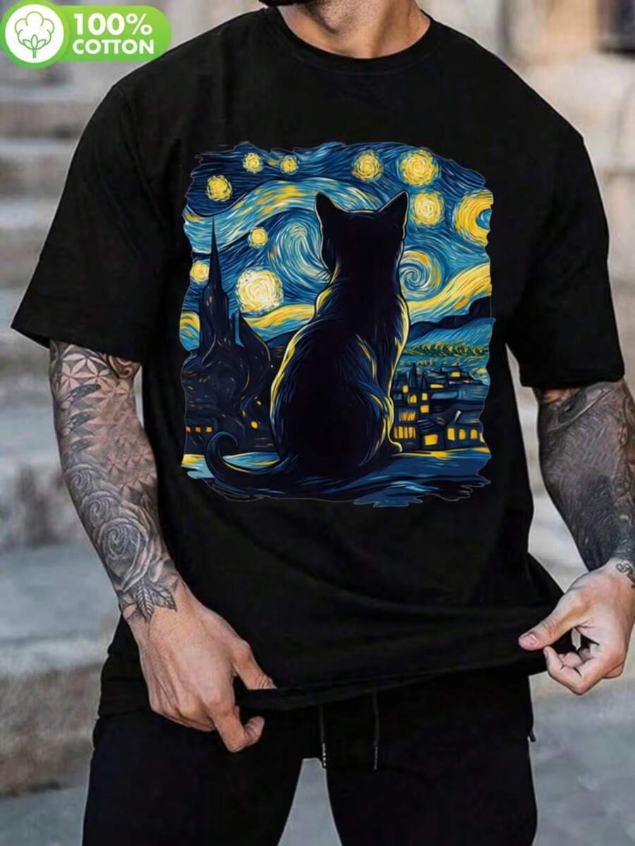 Starry Night Cat T-Shirt Unisex Men's Women's Blouse 100% Cotton Premium Top Streetwear New Release Immediate Shipping Various Colors!! Plus Size - 黑色 - 查看 1