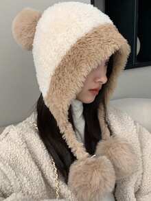 1pc Women's Knitted Hat, Warm Thermal Lined Beanie Cap With Ear Flaps & Pom Pom, Suitable For Autumn & Winter Everyday Wear