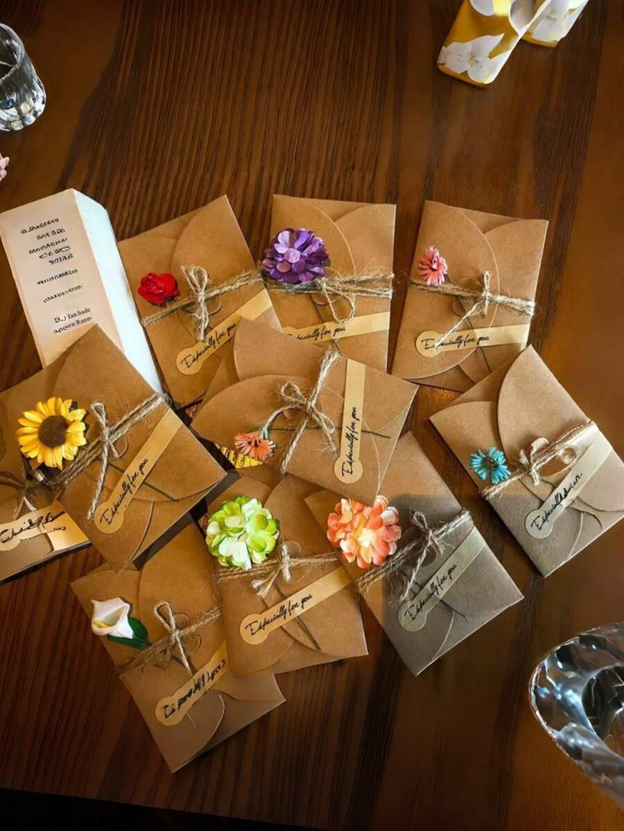1 Set Kraft Paper Greeting Cards, Invitations With Dried Flowers And Envelopes, Suitable For Weddings, Graduations, Holidays, Birthdays, Parties