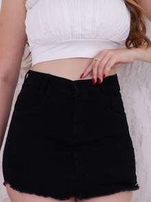 Saia Shorts Jeans Feminina – Cintura Alta e Modelo Moderno - Preto - Visão 4