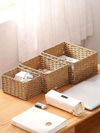 JXXQY 1/3 手工编织收纳篮 - 适用于浴室洗漱用品、厨房零食糖果、办公室书架、文具药盒、玩具收纳篮、梳妆台化妆品收纳、家居装饰篮、礼品篮、化妆品整理篮、客厅收纳篮、复古手工杂物收纳篮，适合放置于台面和玄关处