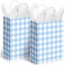 D24 Pcs Blue Gingham Party Plies Gift Bags With Handles Kraft Paper Checkered Plaid Treat Goodie Bags For Birthday Wedding Gingham Party Favors 8.27 X 6.3 X 3.15 Inch - 藍色 - 查看 1