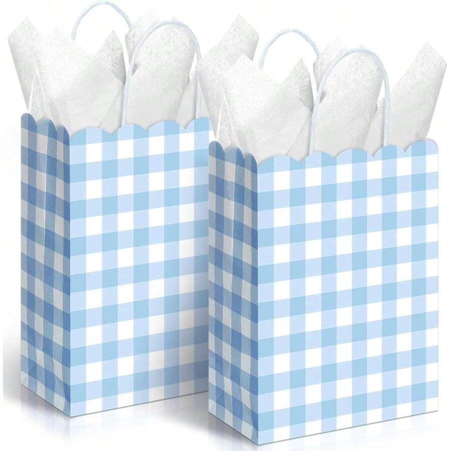 D24 Pcs Blue Gingham Party Plies Gift Bags With Handles Kraft Paper Checkered Plaid Treat Goodie Bags For Birthday Wedding Gingham Party Favors 8.27 X 6.3 X 3.15 Inch - 藍色 - 查看 1