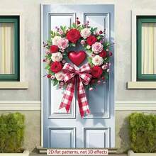 2D Flat, 1 Pc Valentine's Day Heart Wreath Door Hanging, Polyester Rose Garland With Colorful Bows, Multipurpose Indoor/Outdoor Decor - 1PCS - View 6