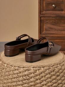 MonaNise 女士3厘米布面包跟黑色时尚百搭藏蓝色、咖啡色、酒红色低跟粗跟优雅玛丽珍鞋 - 棕色 - 查看 6