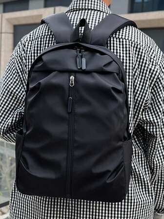 1pc Large Capacity Solid Color Foldable Backpack, Black/Blue Business Backpack, Waterproof Student Bag