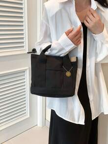 Canvas Tote Bag Large Capacity Women's Lunch Bag Multilayer Casual Handbag Fashion Small Phone Bag, Women Faux Leather Flap Crossbody Bag With Adjustable Strap, Japanese Bag - Black - View 4