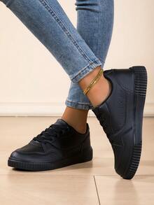 scarpi sportivi casual da donna, scarpe piatte alla moda, scarpe sportive stringate antiscivolo, ideali per uso casual, passeggiata, corsa, jogging, scarpi sportivi basse monocromatiche, punta tonda, leggere e traspiranti, adatte per tutte le stagioni, con fodera in tessuto flessibile e suola in EVA - nero - Visualizzare 2