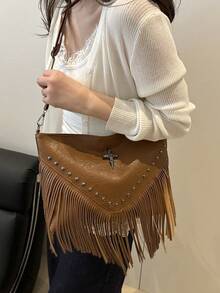Túi đeo chéo da phong cách retro, túi đeo vai kiểu Bohemian với tua rua và đinh tán trang trí, ví vuông kiểu dáng giản dị, phù hợp cho du lịch và sử dụng hàng ngày, túi đeo chéo công sở di động, túi đeo vai tua rua, túi xách nhỏ gọn - màu nâu - Xem 7
