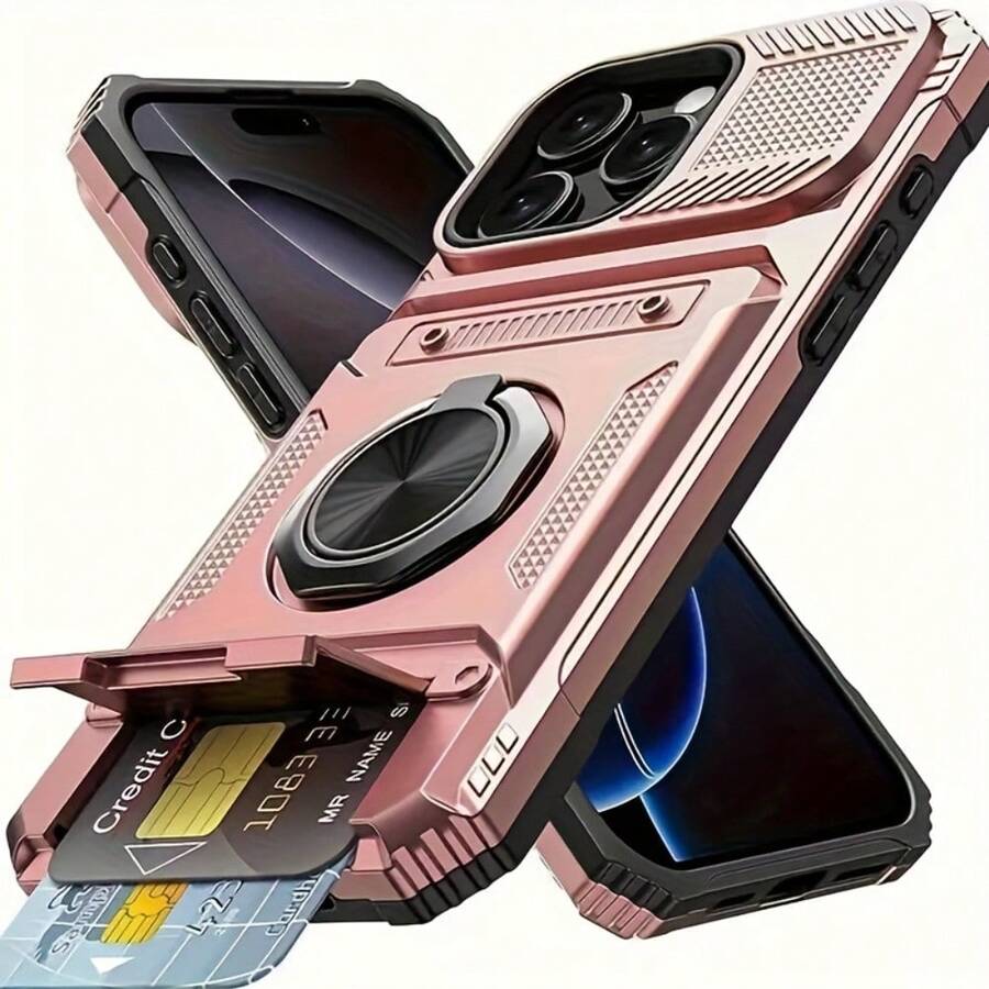 Fundas de teléfono duraderas con soporte metálico, ranura para tarjeta y compartimento oculto para tarjetas, compatibles con 17, 17 Air, 17 Pro y 17 Pro Max, 16/16 Pro/16 Plus/16 Pro Max/15/15 Pro/15 Plus/15 Pro Max/14/14 Plus/14 Pro/14 Pro Max/13/13 Pro/13 Pro Max. Cubierta dura de PU + interior de silicona suave, doble protección más resistente a caídas, con soporte giratorio de 360°, diseño aerodinámico, para entusiastas de la tecnología. - Oro rosa - Ver 1