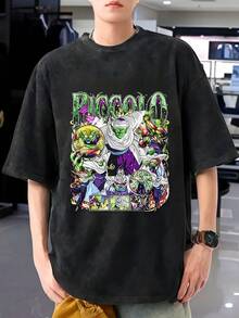 Unisex Anime Pattern Washed Cotton T-Shirt - Unisex Short Sleeve Round Neck Retro T-Shirt, Vivid Character Design, Loose Fit, Available In 6 Sizes, Suitable For All Seasons Casual Wear, Anime T-Shirt, Medium Stretch Fabric - 黑色 - 查看 6