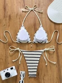 女士性感交叉露背条纹钩编比基尼套装，弹力面料夏季休闲泳装 - 彩色 - 查看 6