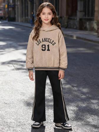 2pcs Girls Casual Letter Print Ribbed Hoodie Sweatshirt And Drawstring Pants Set, Suitable For Spring And Autumn