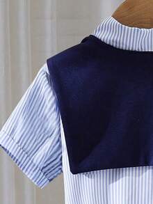 少女条纹字母印花短袖衬衫裙配披肩 - 藍色 - 查看 6