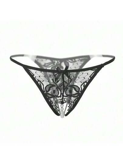 1pc able Doorschijnende Geborduurde Verleidelijke Women Panties, Hollow Out Pearl Massage Open Crotch Seamless Low Waist String Underwear, Lingerie Sleepwear Valentines Day, Going view 3