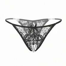 1pc Fashionable Sheer Embroidery Sexy Women Panties, Hollow-Out Pearl Massage Open Crotch Seamless Low Waist G-String Underwear, Sexy Lingerie And Sleepwear For Valentines Day, Going Out - Black - View 3