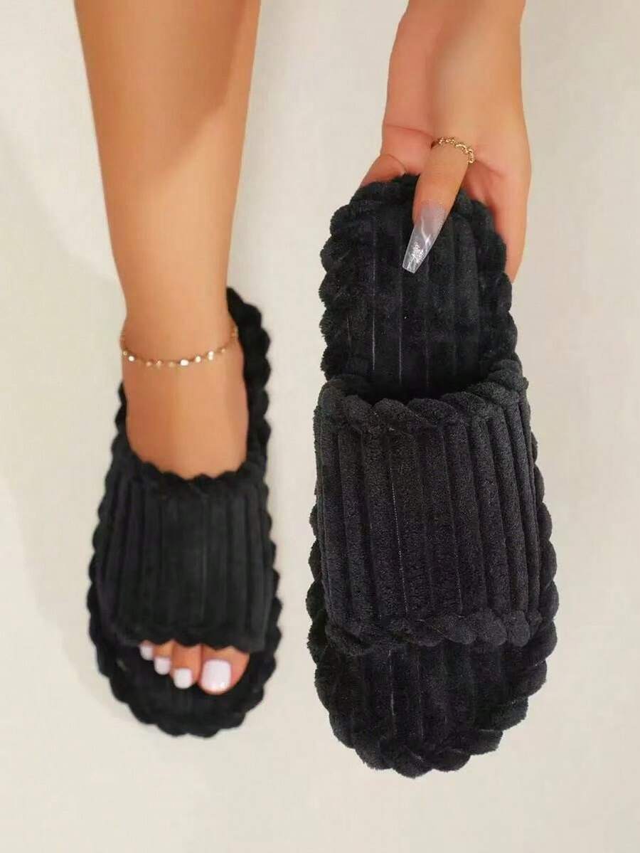 New Stylish And Simple Striped Open-Toe Cotton Slippers For Indoor Use, Perfect For Couples. - Black - View 1