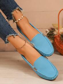 女士平底乐福鞋，2025新款休闲软底套脚莫卡辛鞋 - 水藍色 - 查看 4