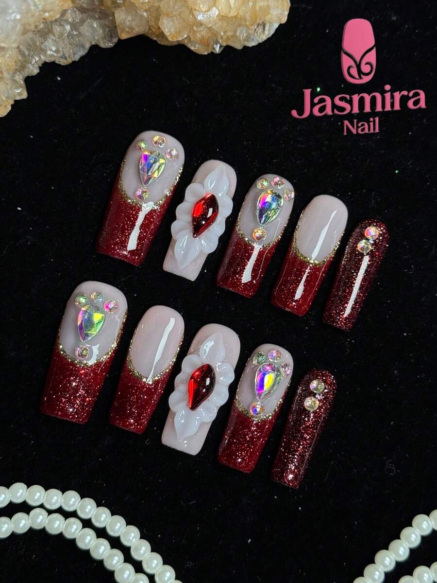 10 Pcs Set Of Pure Handmade Press-On Nail Stickers, Medium-Length Beautiful Nails, Y2K Press-On Square Nails, Red Nails, White Nails, Classic Glittery French Style, Hand-Carved Designs, Decorated With Nail Gems, Cute Diy Nails Suitable For Women And Girls For Home, Parties, Birthdays, And Various Holiday Occasions. - 彩色 - 查看 1