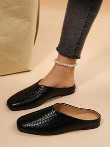 Giày Mules đế thấp họa tiết dệt thời trang dành cho nữ, dép sandal đế bằng đa năng tối giản, giày lười nhẹ nhàng thoải mái cho mọi mùa - màu đen - Xem 4