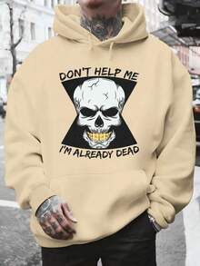 Men's Hooded Sweatshirt, Women's Men's Fashion Black Hoodie With Skull Print And "Don't Help Me I'm Already Dead" Text For Daily Use And Casual Occasions Winter Spring, Christmas Outfit Ideas, Perfect For Outdoor Activities, Parties, And The Best Gift For Friends. - 杏色 - 查看 1