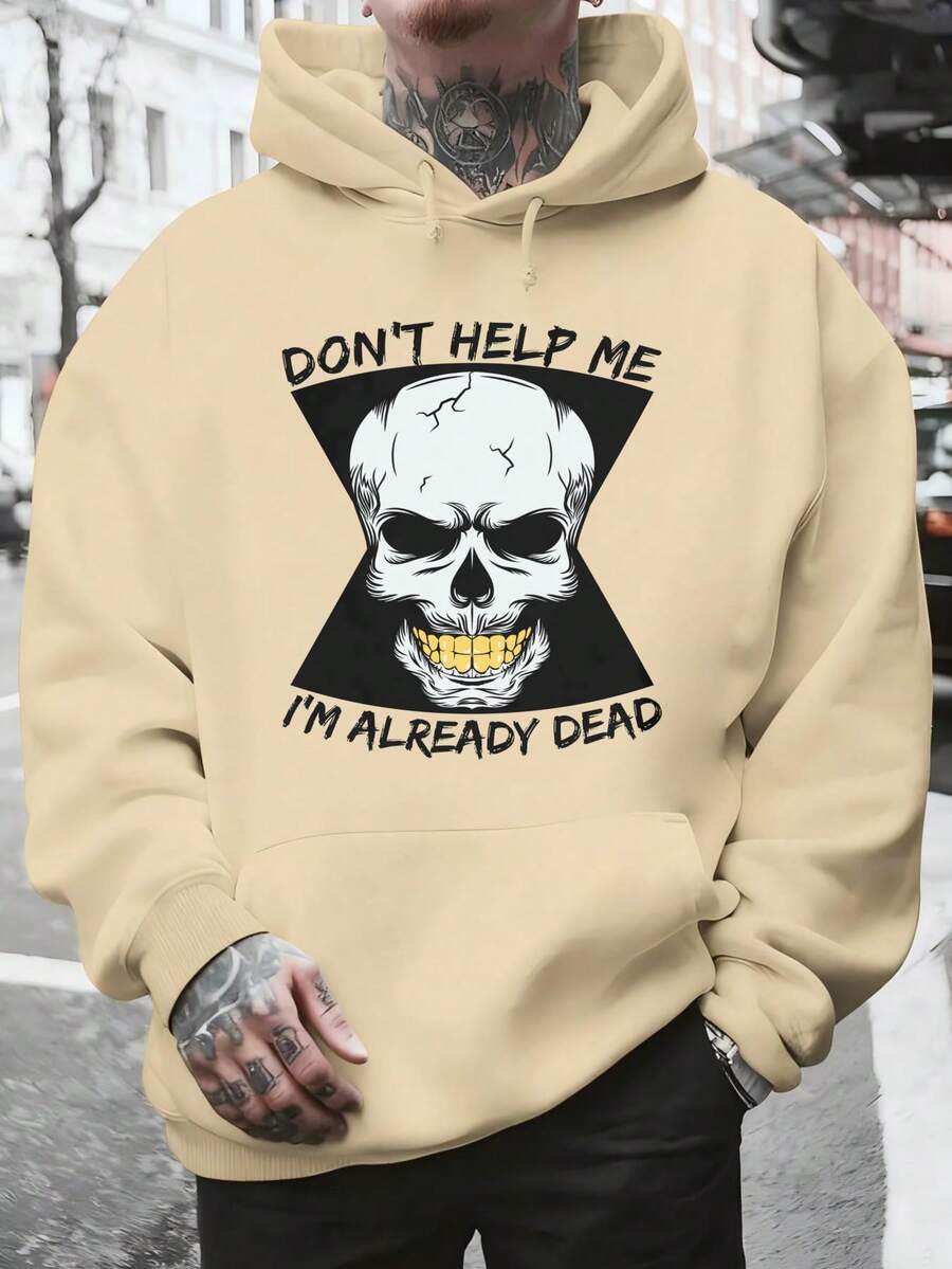 Men's Hooded Sweatshirt, Women's Men's Fashion Black Hoodie With Skull Print And "Don't Help Me I'm Already Dead" Text For Daily Use And Casual Occasions Winter Spring, Christmas Outfit Ideas, Perfect For Outdoor Activities, Parties, And The Best Gift For Friends. - 杏色 - 查看 1