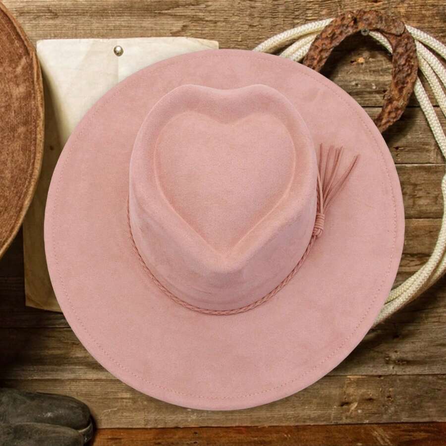 Adult Faux Suede Fedora Hat Wide Brim Heart Top Decorative Tassel Band Jazz Cap For Daily Life Party - Pink - View 1