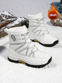 女士户外休闲运动靴，系带高帮靴，保暖雪地靴，中筒冬季鞋 - 白色 - 查看 2