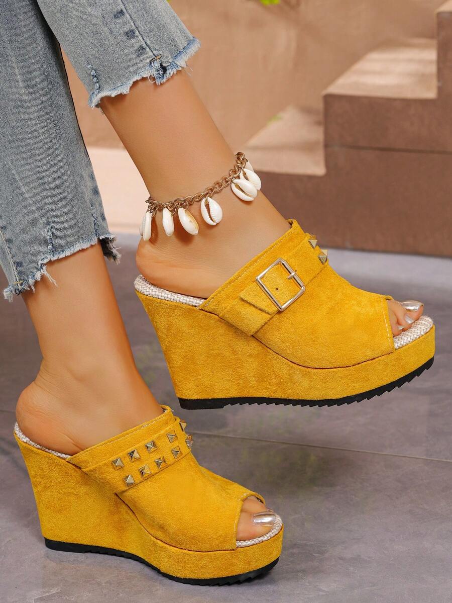 2026 New Women's Rivet Decor Sandals, Bohemian Style Fashion Wedge Heels, Summer Open Toe Slip-On High Heel Shoes, Suitable For Party, Date, Wedding And Many Occasions, Design - Yellow - View 1
