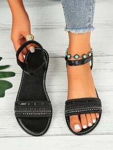 Women's Fashion Embroidered Comfortable Elastic Band Beach Flat Sandals, Plus Size; Women's Pearl Chain Decor Flat Sandals - Black - View 5