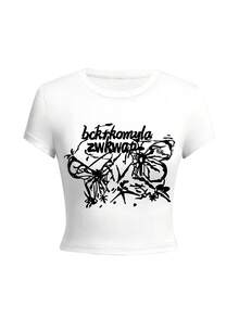 圆领短袖T恤，美式辣妹风，夏季新款蝴蝶图案和字母印花，修身短款女式上衣 - 白色 - 查看 3