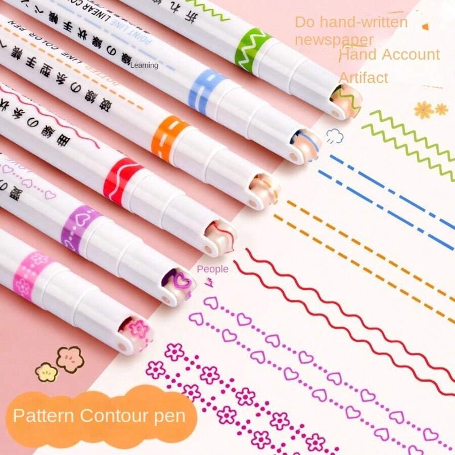 6pcs Dual-Tip Floral Outline Pens + Colorful Fluorescent Pens + Wavy Fluorescent Pens: Suitable For Daily Drawing, DIY Scrapbooking, Students/Teachers/Office Workers, Ideal Gift For Back To School And Holidays - Multicolor - View 1