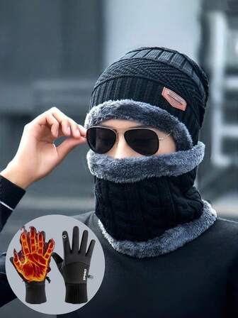 3pcs Men's Winter Knit Beanie, Neck Warmer Scarf, Touchscreen Gloves Set, Double-Layer Fleece, Thickened Hat With Patterned Interior, Diamond Knit Jacquard, Faux Fur Pom-Pom, Snowflake Emblem, Cold Weather Warmth Set, Suitable For Skiing, Travel, Biking, Driving, Going Out, Dates, Great Gift For Men And Daily Use
